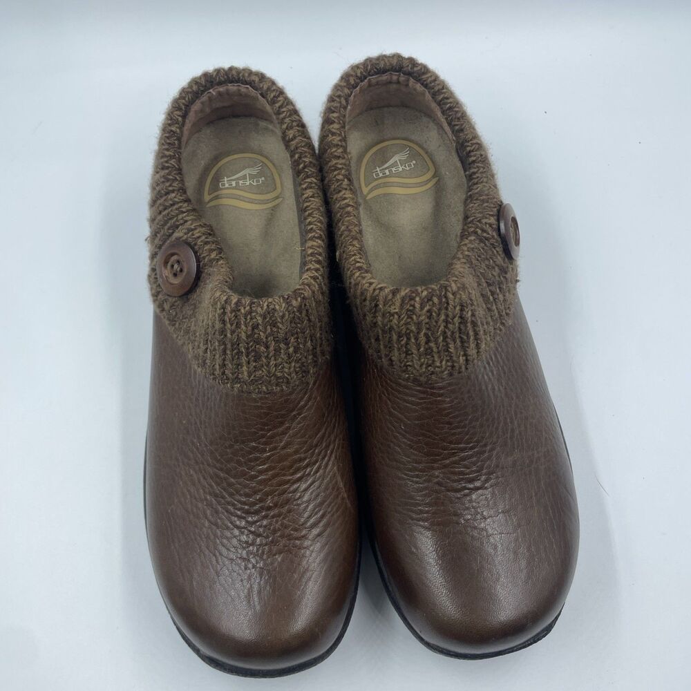 DANSKO Kenzie Clogs Womens 40 Brown Leather Sweater Knit Trim Comfort Shoes